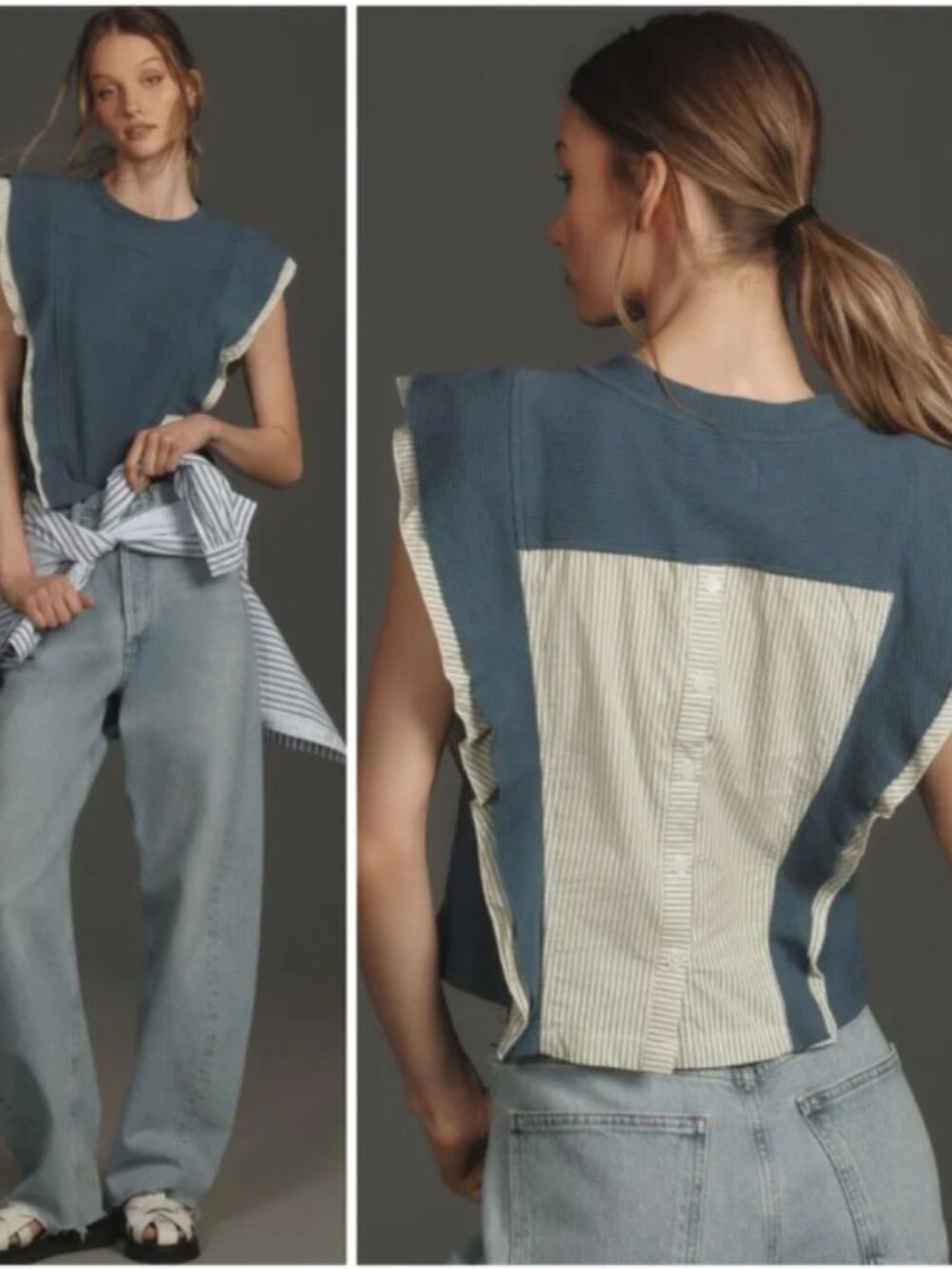Anthropologie Blue Ribbed Ruffle-Sleeve Top with Cream Trim
